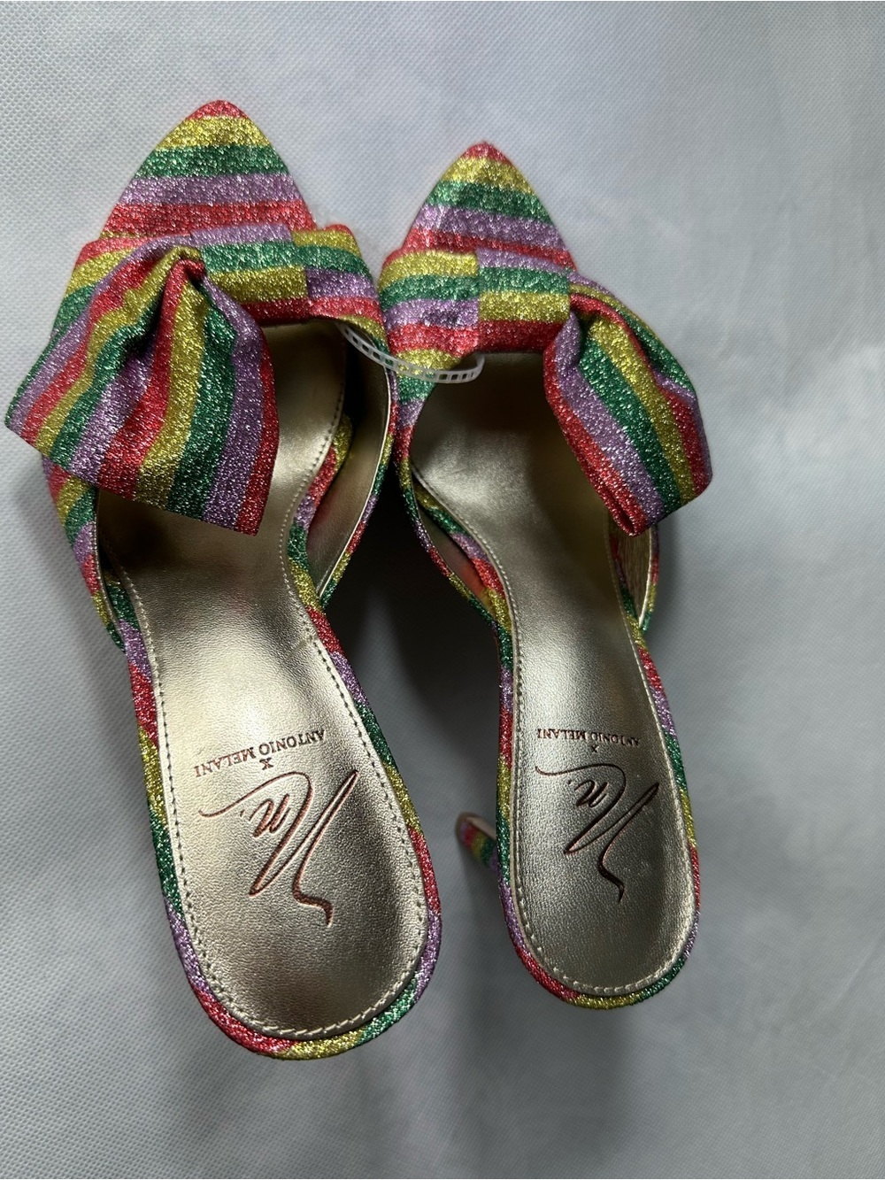 ANTONIO MELANI Rainbow Striped Bow Pointed Heels- Multicolor Glitter - Picture 14 of 14